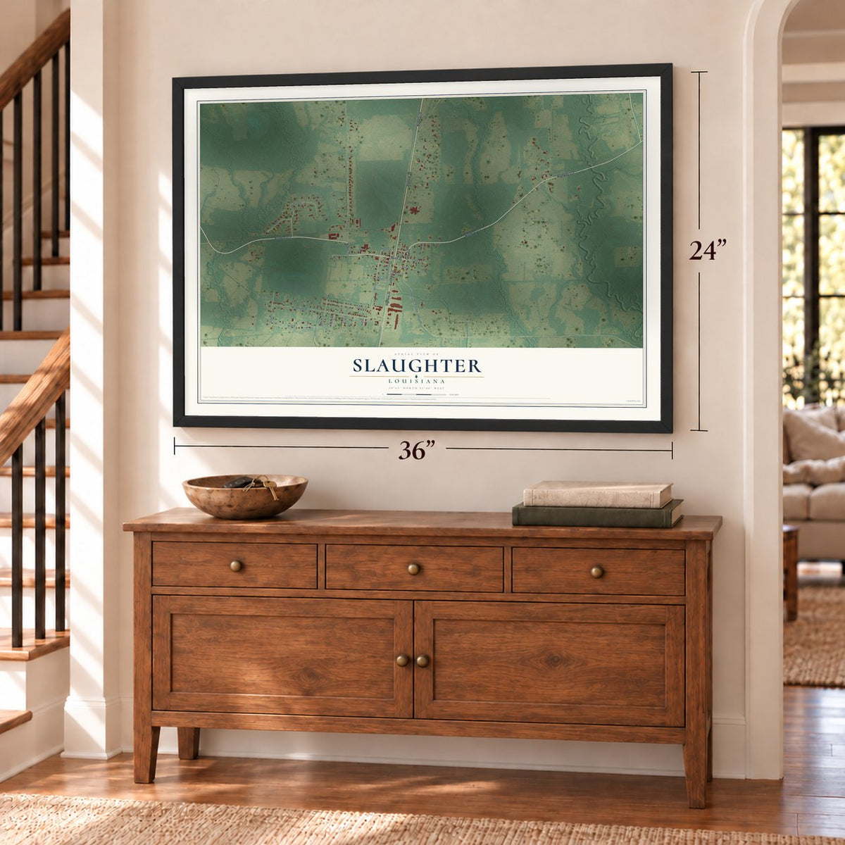 Slaughter, Louisiana map, 24 x 36 inch print in a black frame above a dresser by a staircase