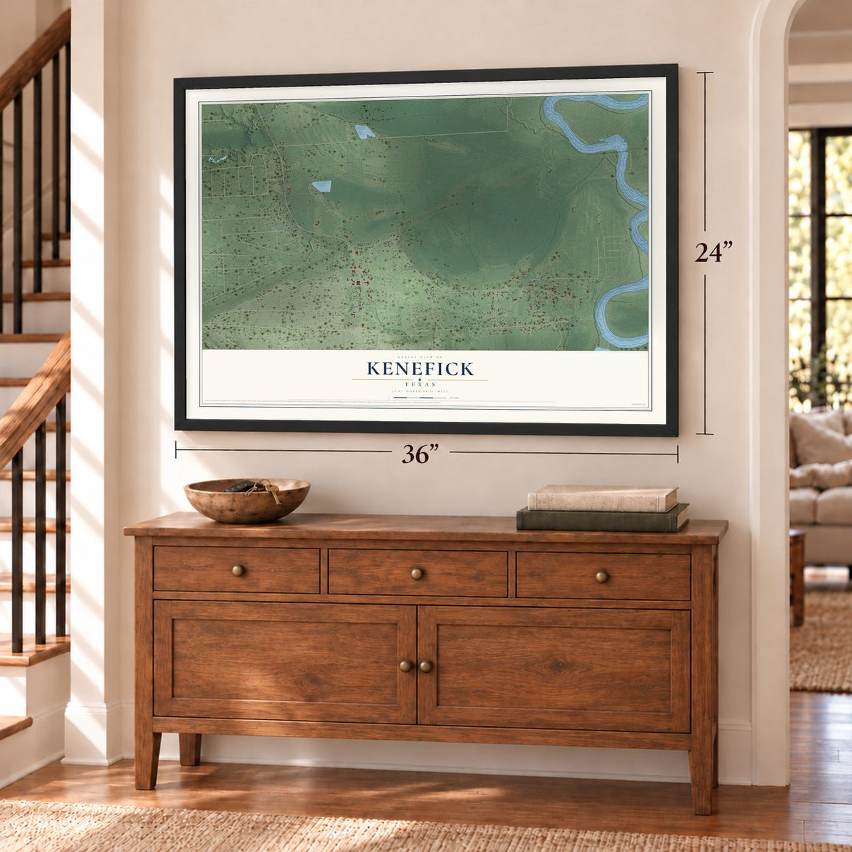 Kenefick, Texas map, 24 x 36 inch print in a black frame above a dresser by a staircase
