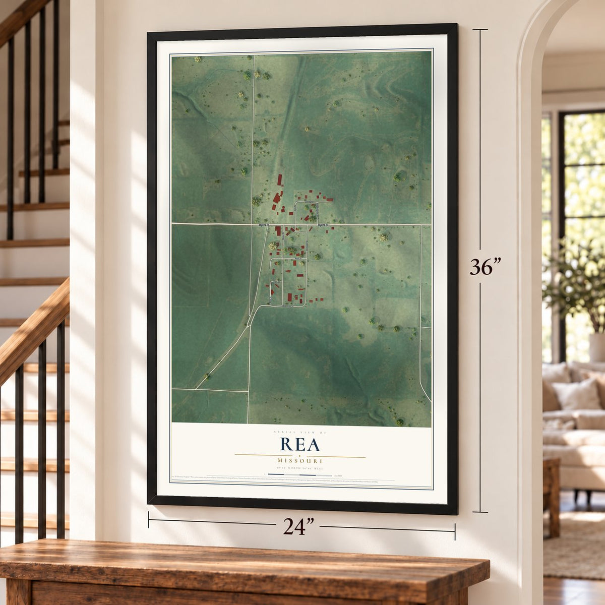 Rea, Missouri map, 24 x 36 inch print in a black frame by a staircase