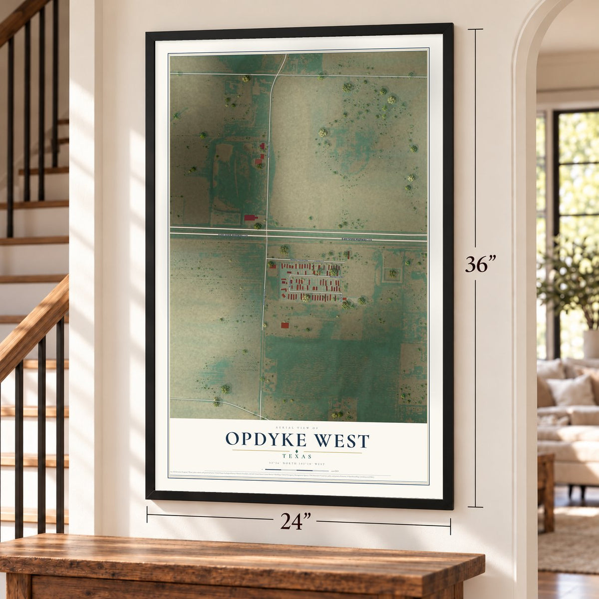 Opdyke West, Texas map, 24 x 36 inch print in a black frame by a staircase