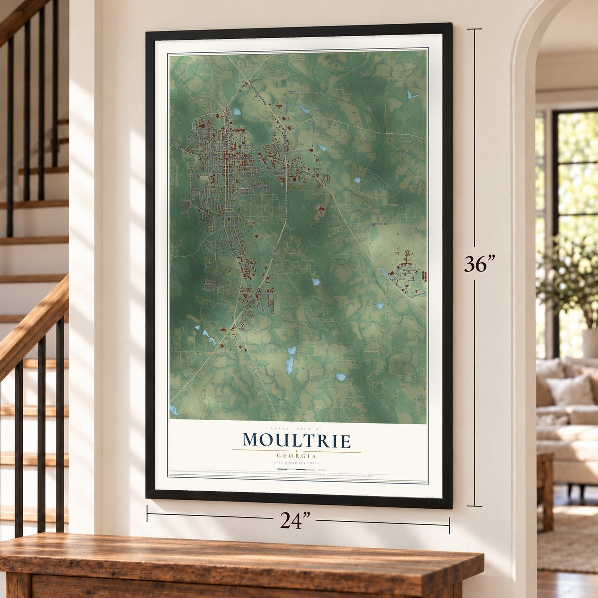 Moultrie, Georgia map, 24 x 36 inch print in a black frame by a staircase