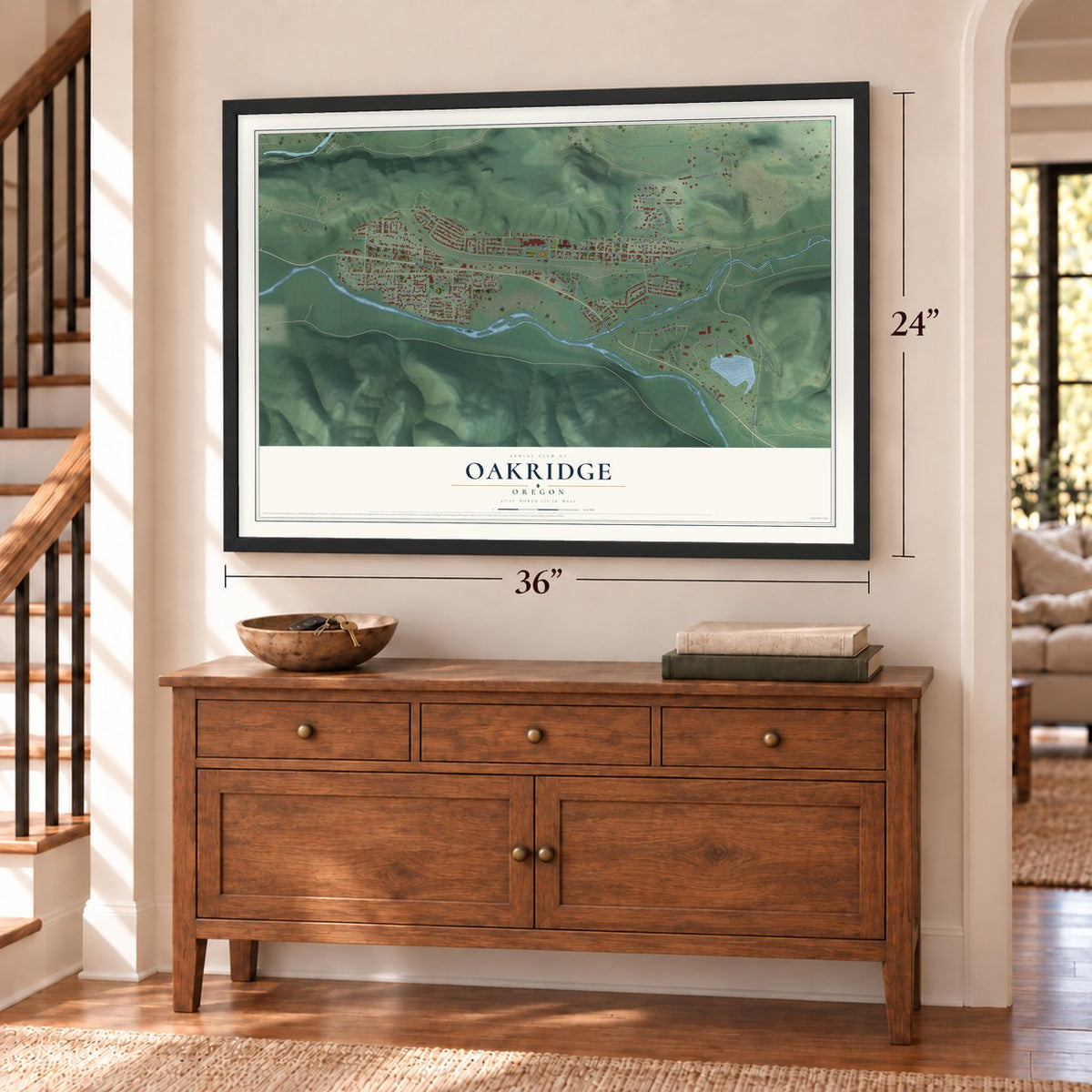 Oakridge, Oregon map, 24 x 36 inch print in a black frame above a dresser by a staircase