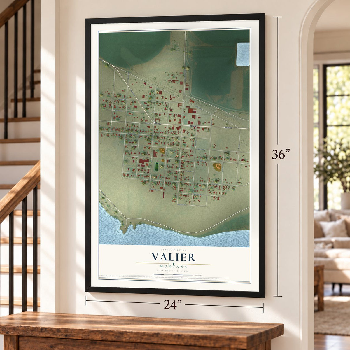 Valier, Montana map, 24 x 36 inch print in a black frame by a staircase