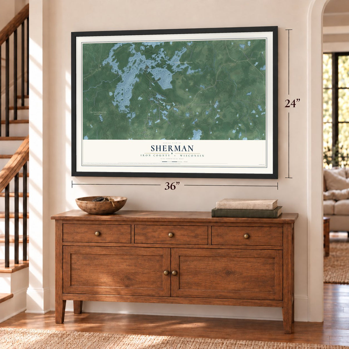 Sherman, Iron County, Wisconsin map, 24 x 36 inch print in a black frame above a dresser by a staircase
