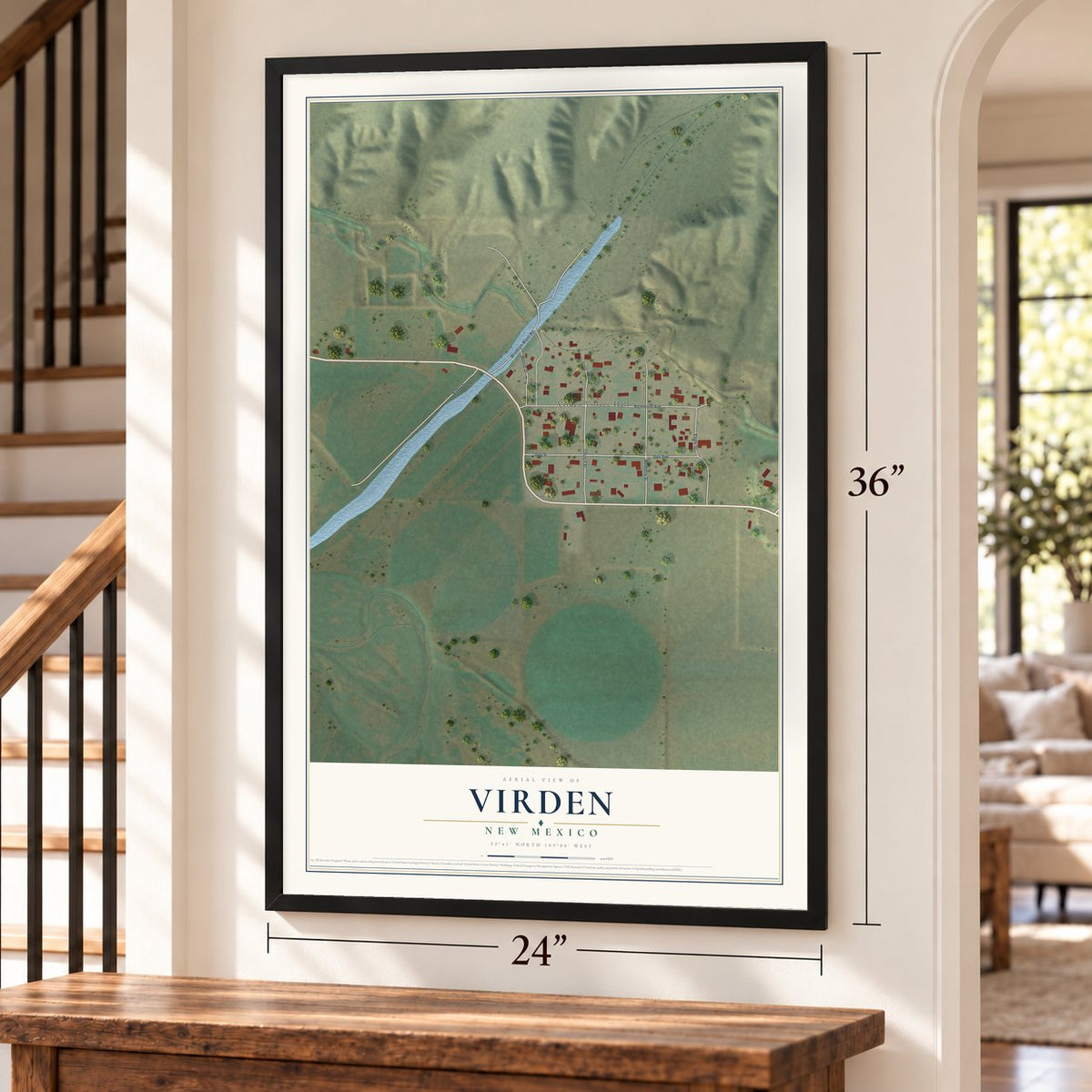 Virden, New Mexico map, 24 x 36 inch print in a black frame by a staircase