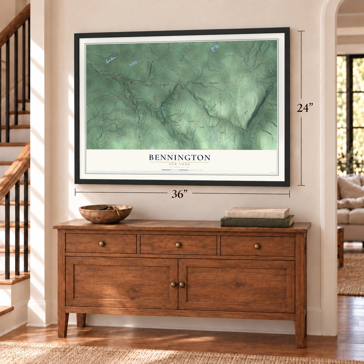 Bennington, New York map, 24 x 36 inch print in a black frame above a dresser by a staircase