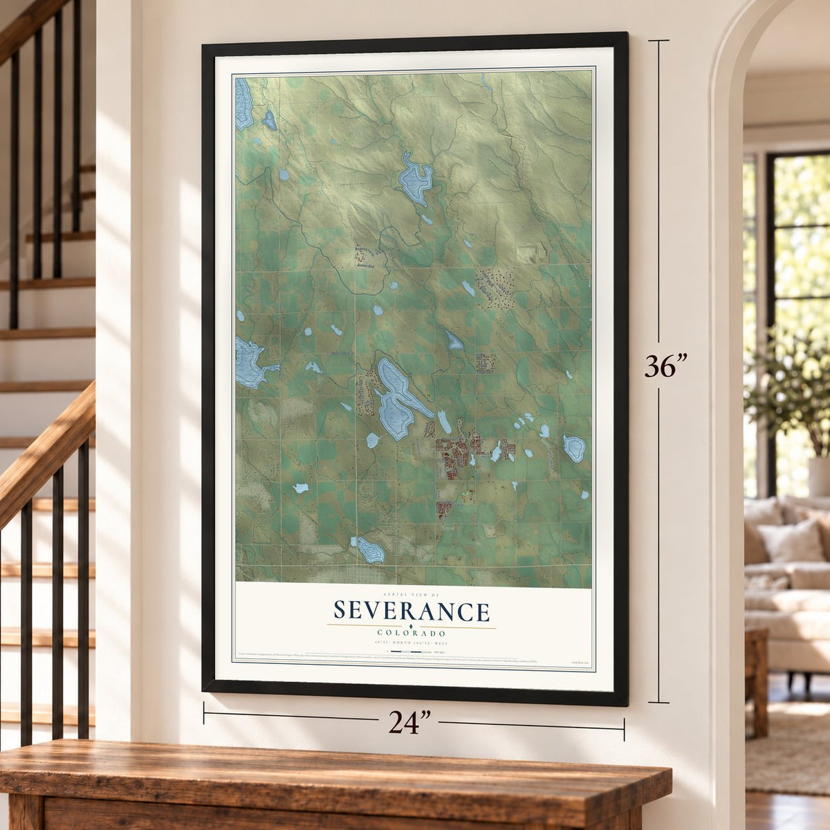 Severance, Colorado map, 24 x 36 inch print in a black frame by a staircase