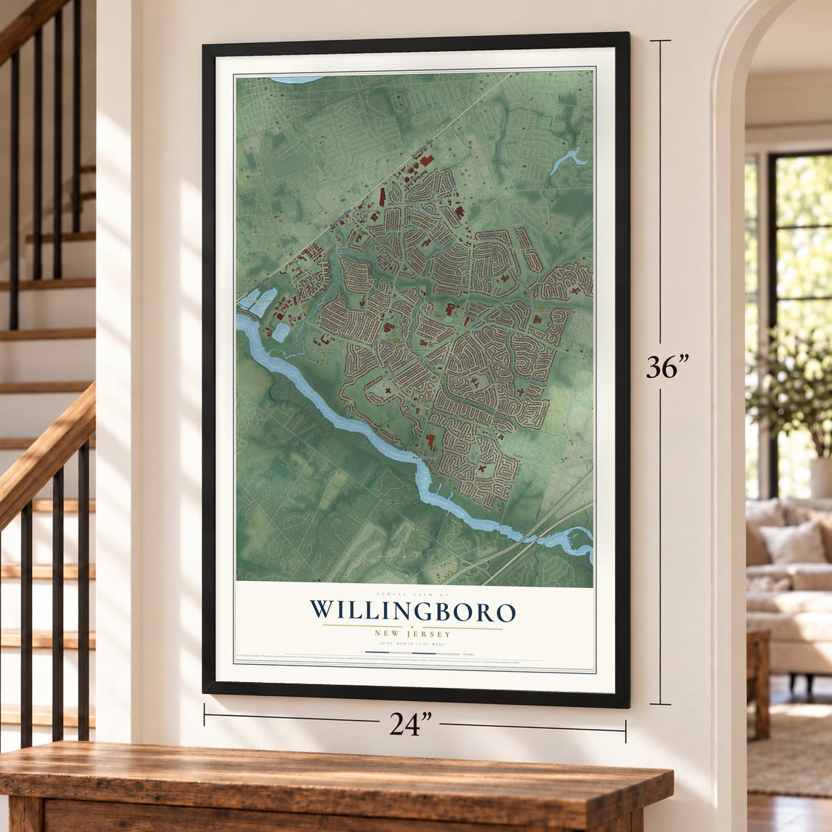 Willingboro, New Jersey map, 24 x 36 inch print in a black frame by a staircase