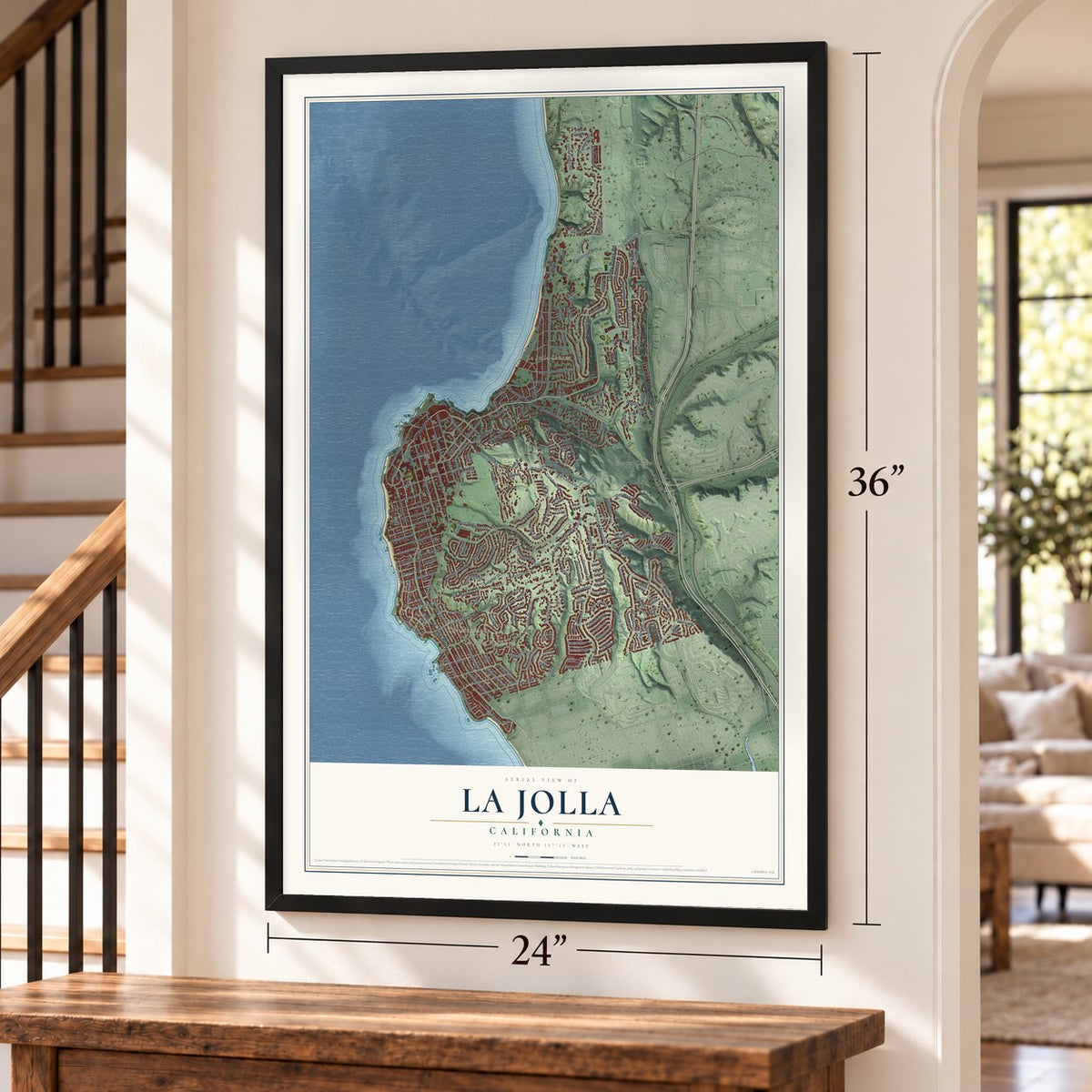 La Jolla, California map, 24 x 36 inch print in a black frame by a staircase