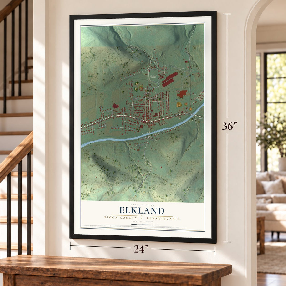 Elkland, Tioga County, Pennsylvania map, 24 x 36 inch print in a black frame by a staircase