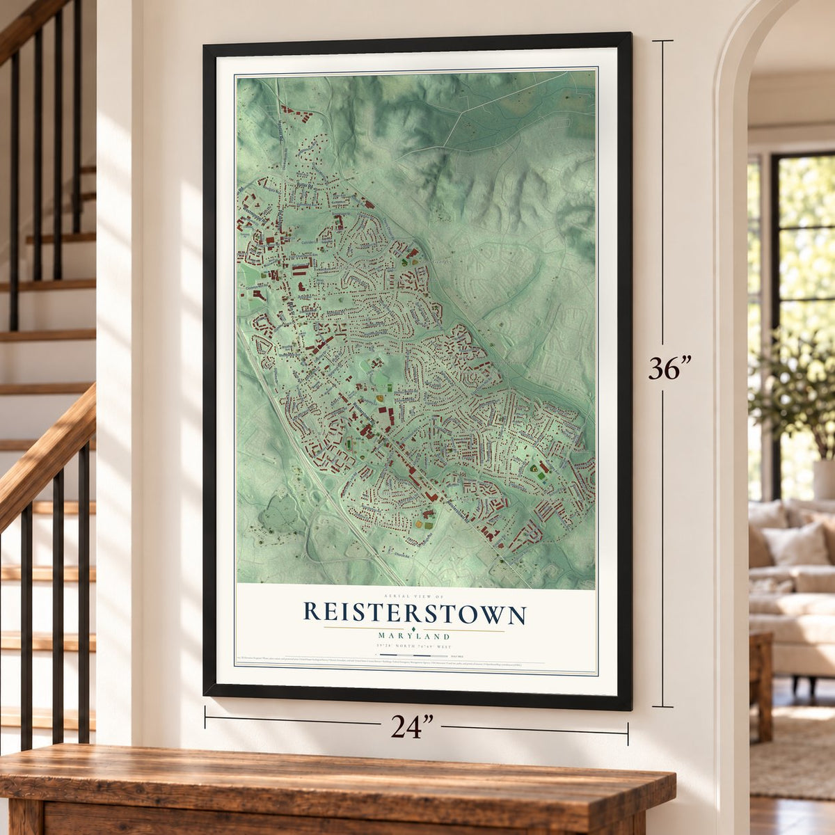 Reisterstown, Maryland map, 24 x 36 inch print in a black frame by a staircase