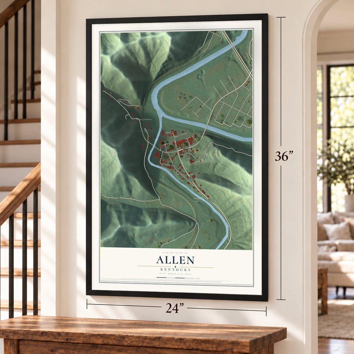 Allen, Kentucky map, 24 x 36 inch print in a black frame by a staircase