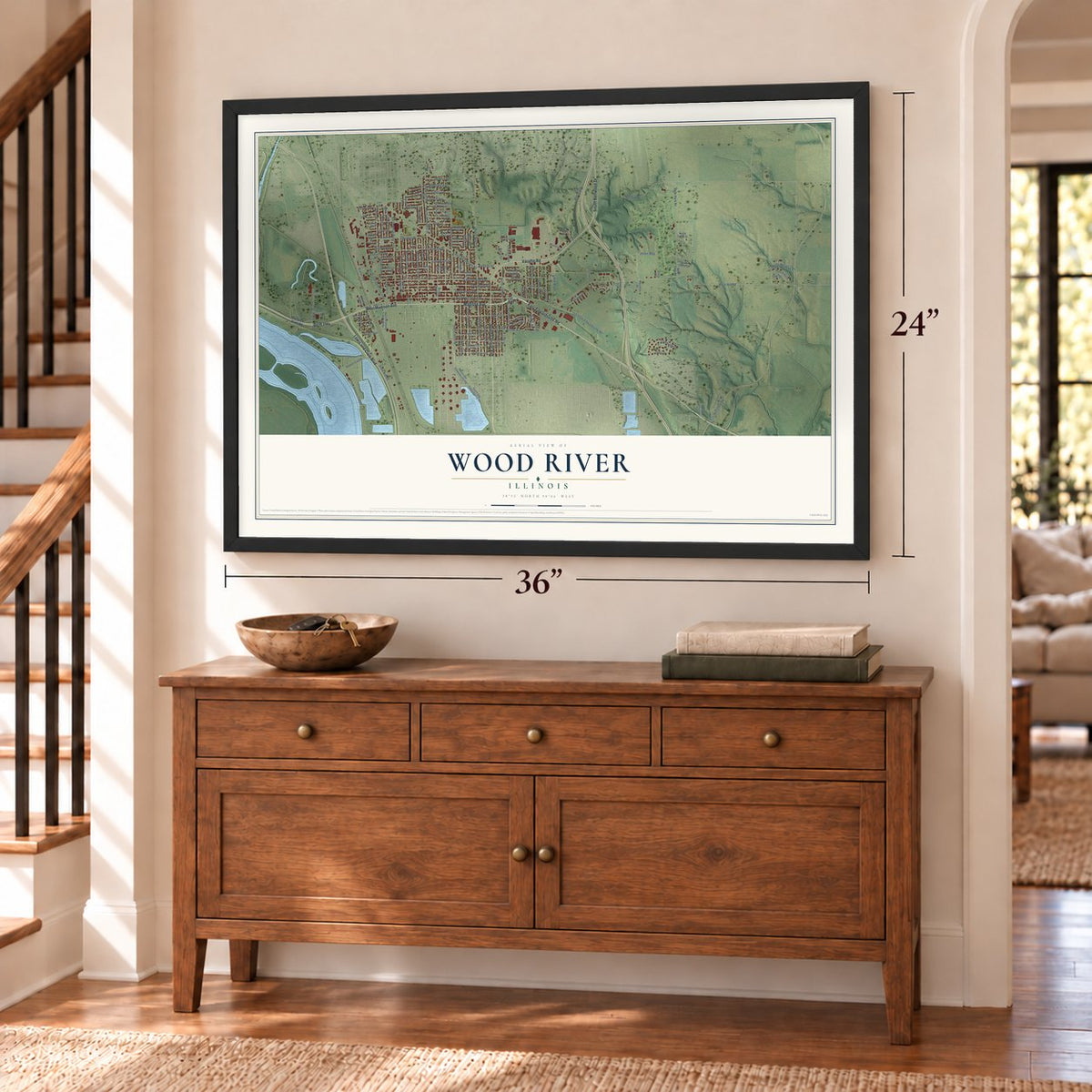 Wood River, Illinois map, 24 x 36 inch print in a black frame above a dresser by a staircase