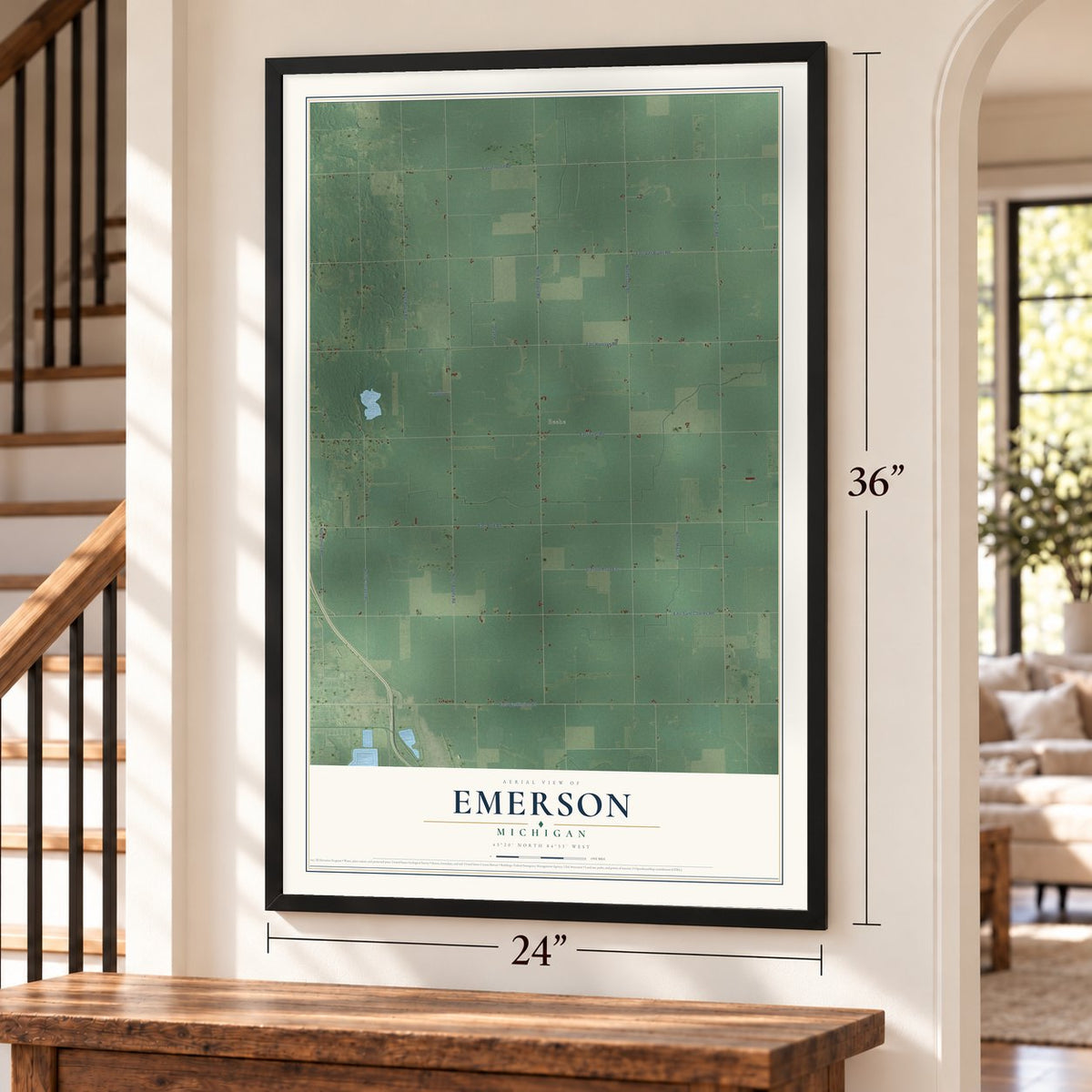 Emerson, Michigan map, 24 x 36 inch print in a black frame by a staircase