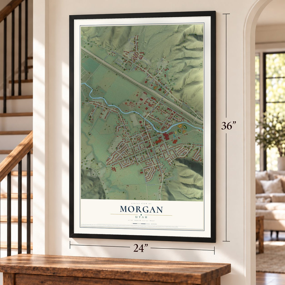 Morgan, Utah map, 24 x 36 inch print in a black frame by a staircase