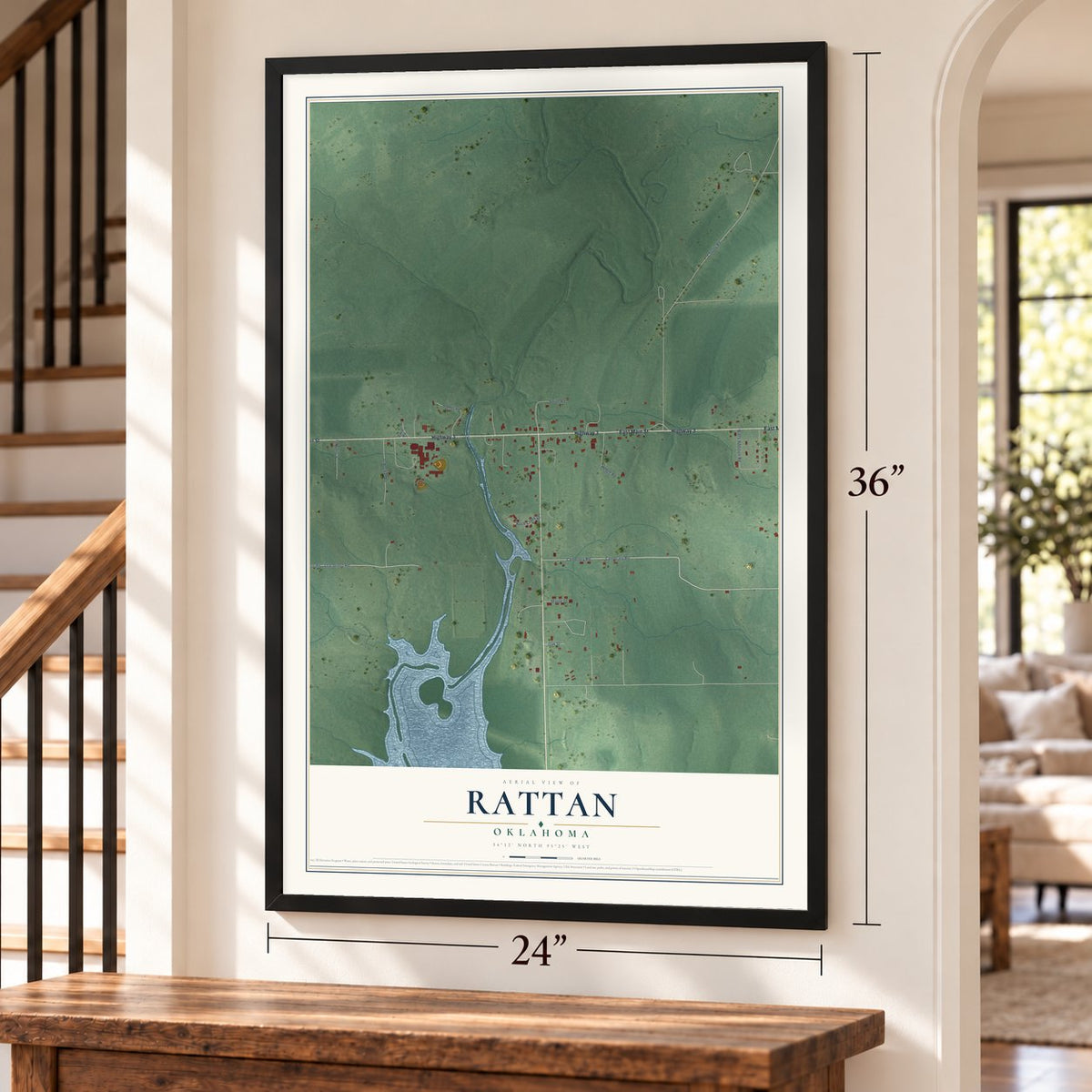 Rattan, Oklahoma map, 24 x 36 inch print in a black frame by a staircase