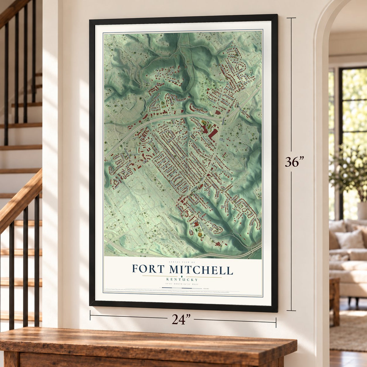 Fort Mitchell, Kentucky map, 24 x 36 inch print in a black frame by a staircase