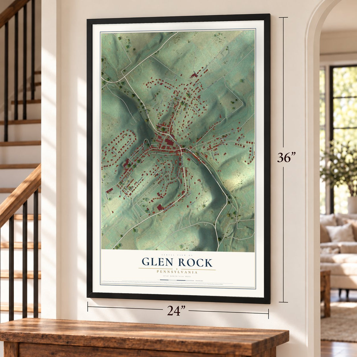 Glen Rock, Pennsylvania map, 24 x 36 inch print in a black frame by a staircase
