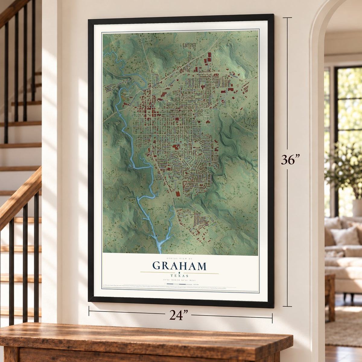 Graham, Texas map, 24 x 36 inch print in a black frame by a staircase