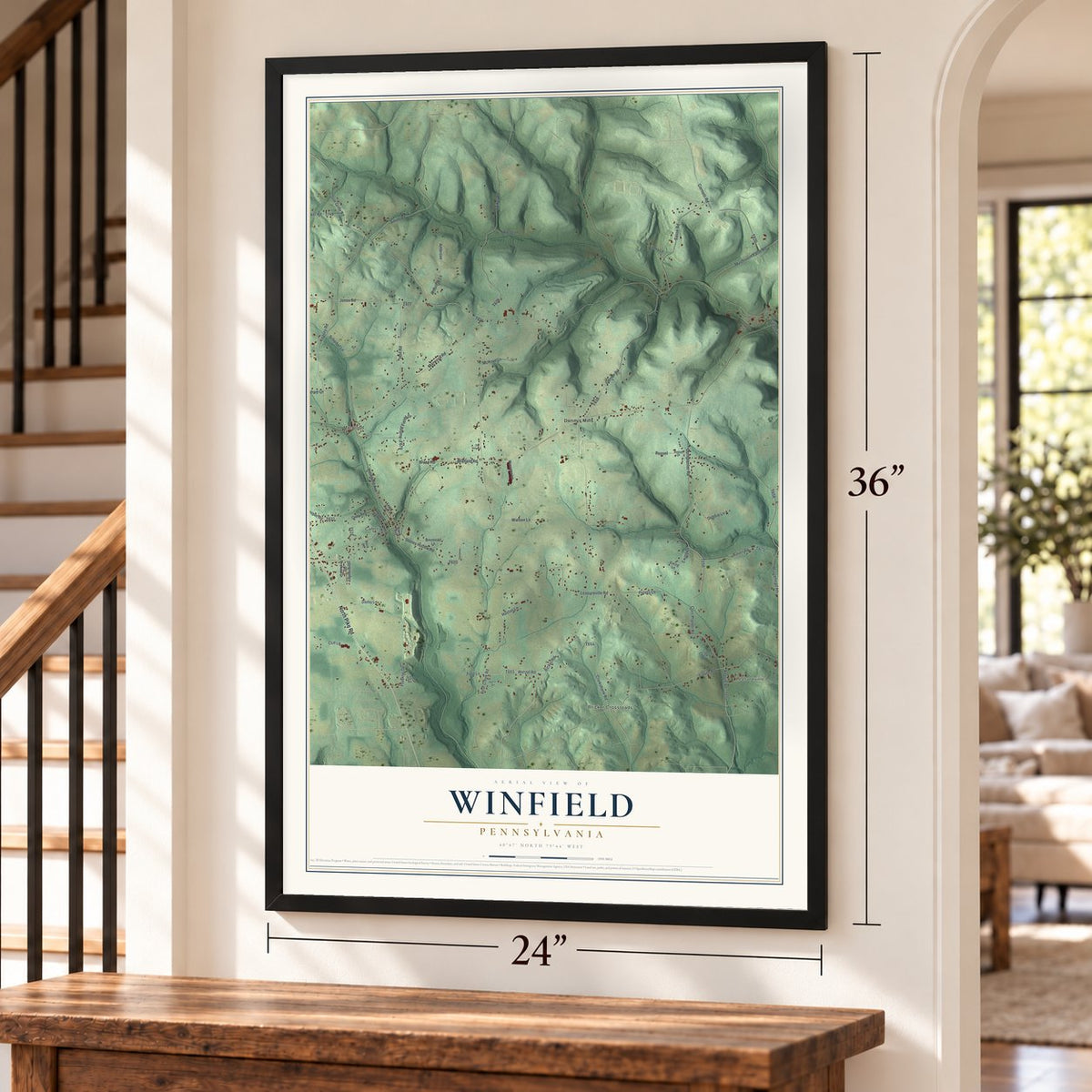 Winfield, Pennsylvania map, 24 x 36 inch print in a black frame by a staircase
