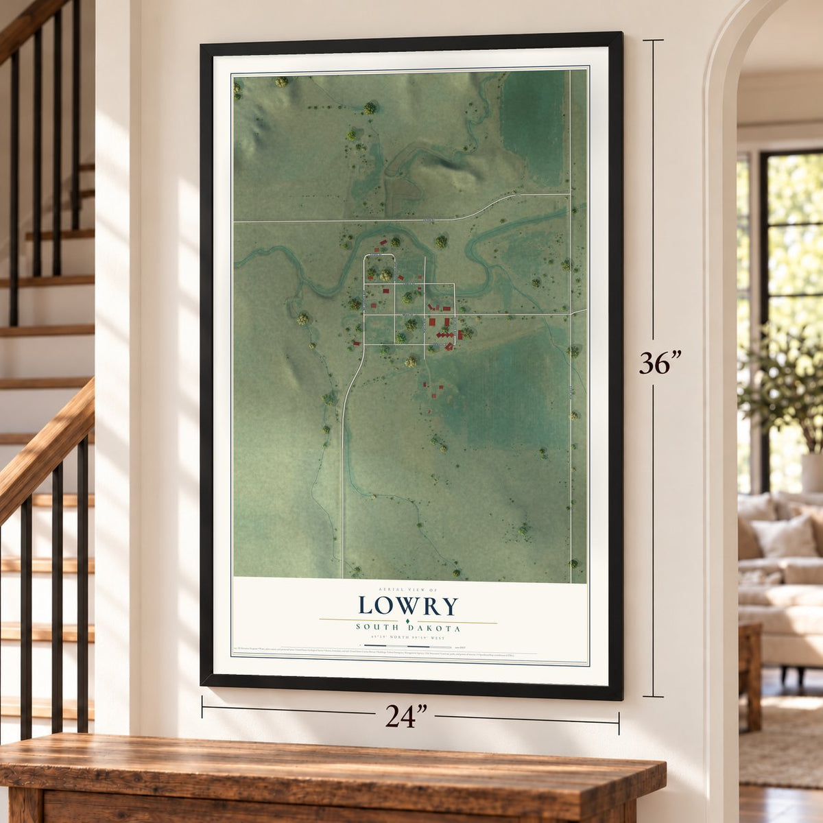 Lowry, South Dakota map, 24 x 36 inch print in a black frame by a staircase