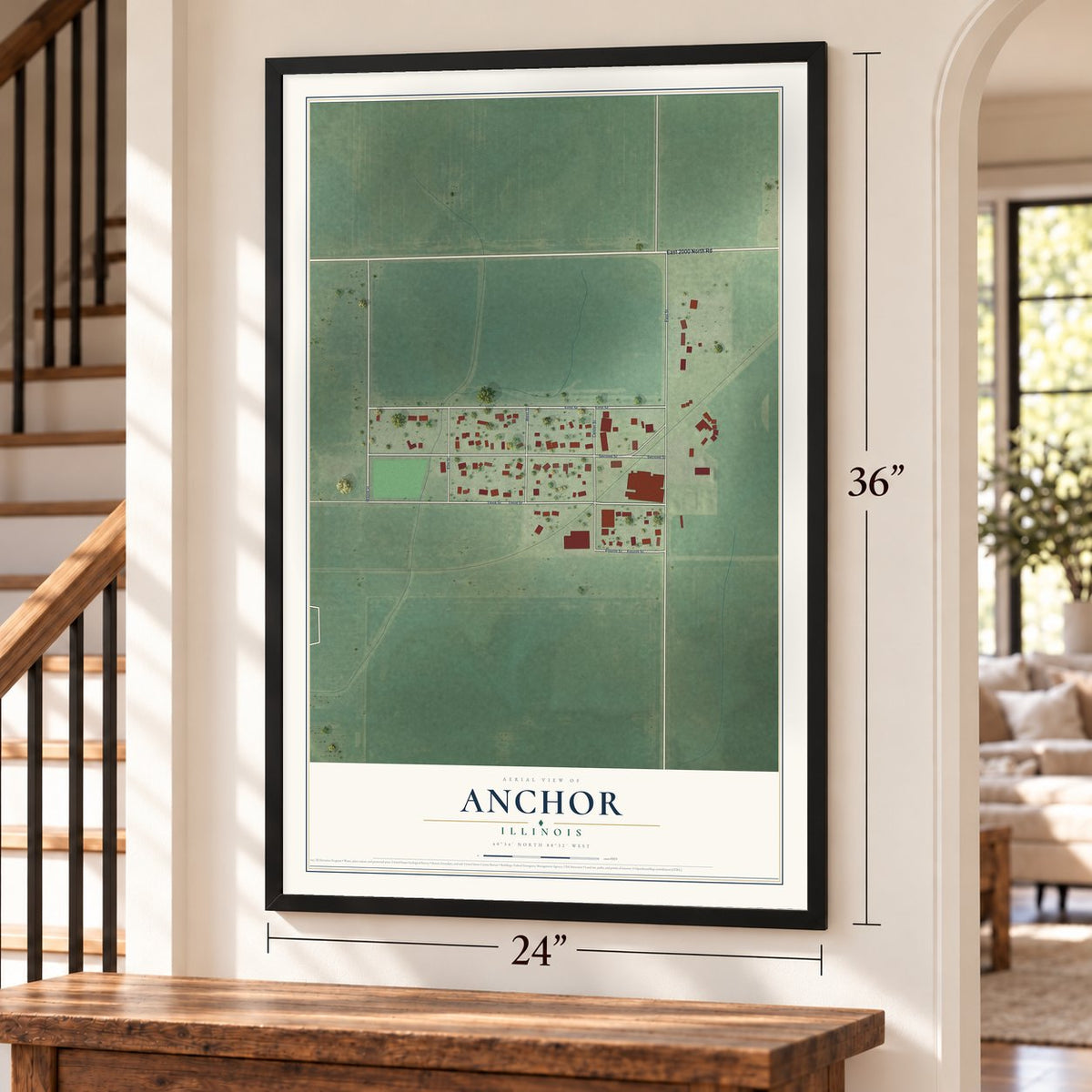Anchor, Illinois map, 24 x 36 inch print in a black frame by a staircase
