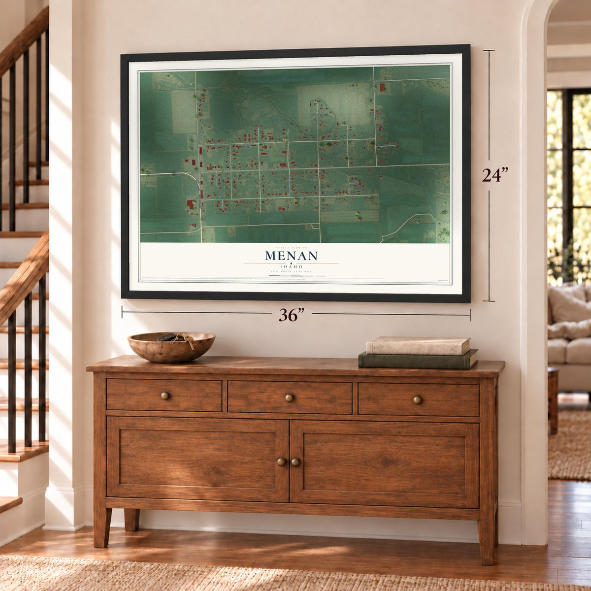 Menan, Idaho map, 24 x 36 inch print in a black frame above a dresser by a staircase