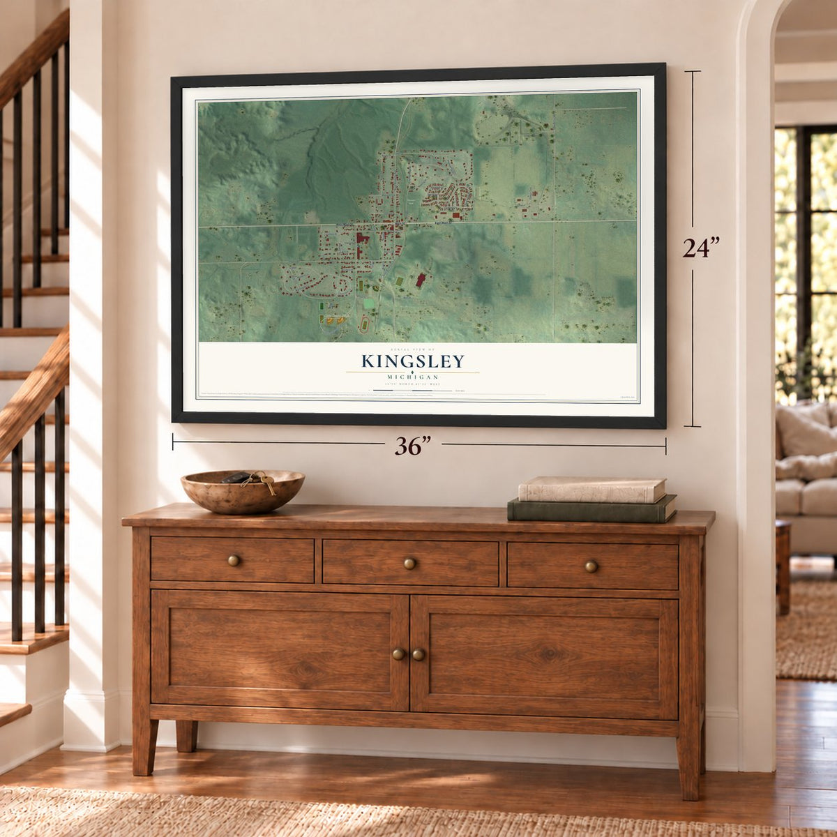 Kingsley, Michigan map, 24 x 36 inch print in a black frame above a dresser by a staircase