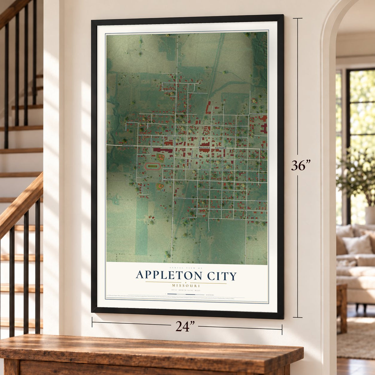 Appleton City, Missouri map, 24 x 36 inch print in a black frame by a staircase