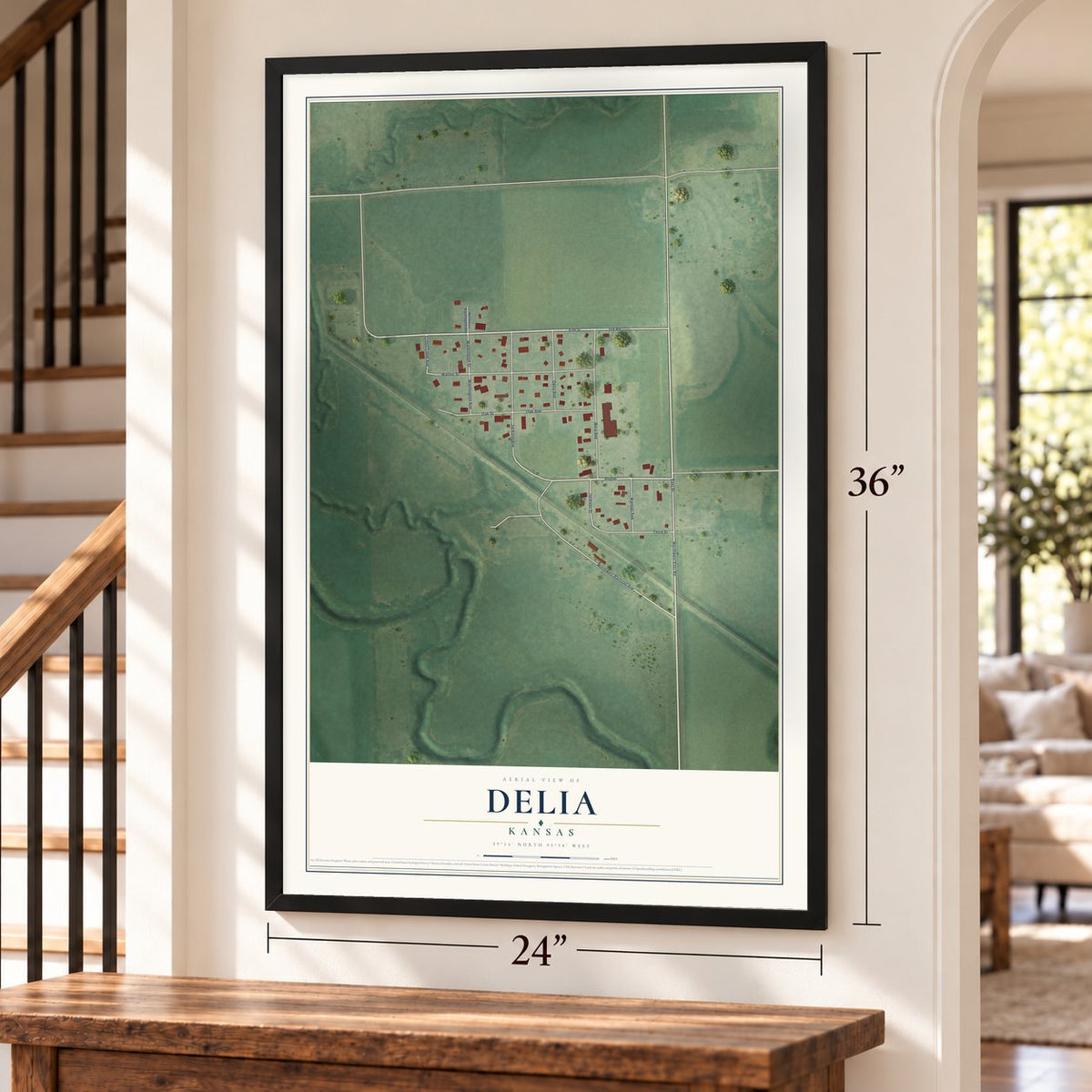 Delia, Kansas map, 24 x 36 inch print in a black frame by a staircase
