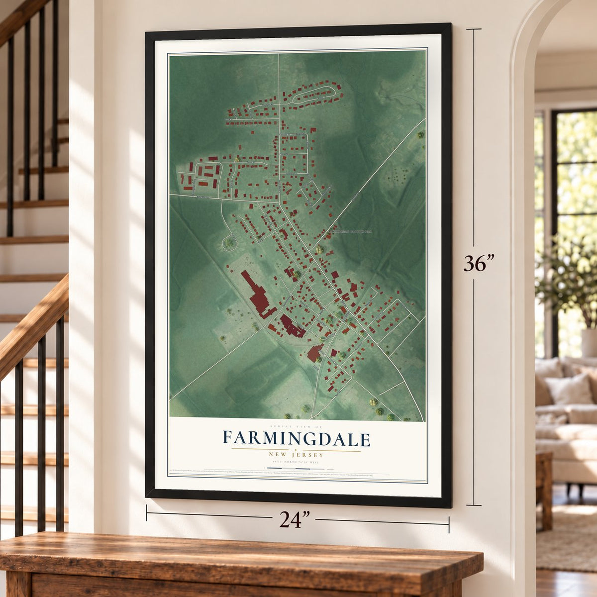 Farmingdale, New Jersey map, 24 x 36 inch print in a black frame by a staircase