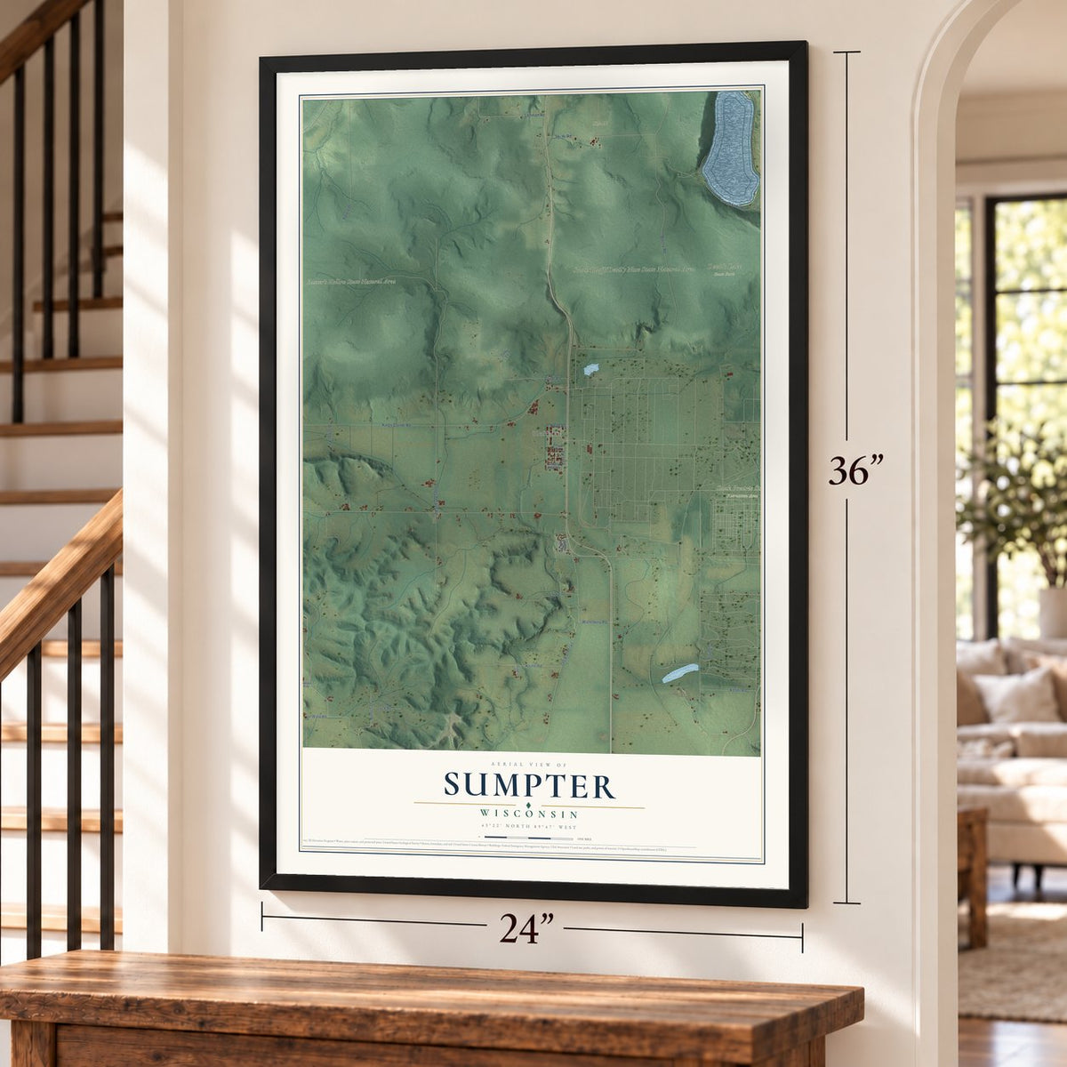 Sumpter, Wisconsin map, 24 x 36 inch print in a black frame by a staircase