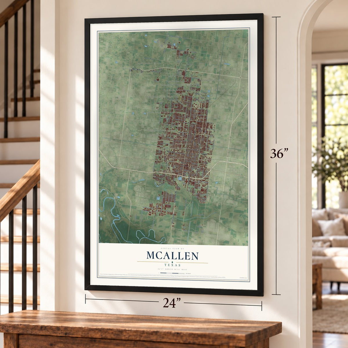 McAllen, Texas map, 24 x 36 inch print in a black frame by a staircase