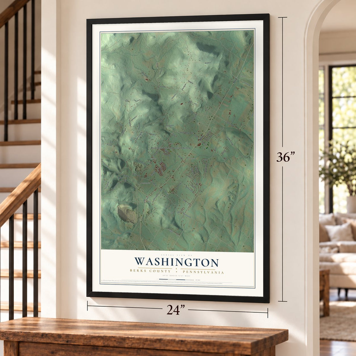 Washington, Berks County, Pennsylvania map, 24 x 36 inch print in a black frame by a staircase