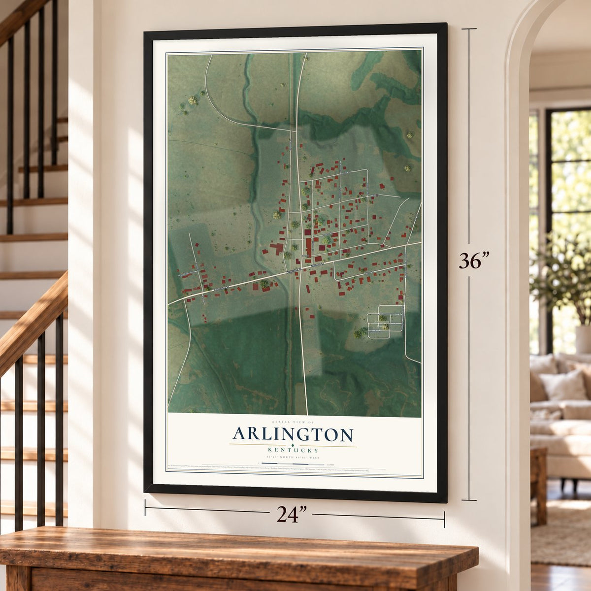 Arlington, Kentucky map, 24 x 36 inch print in a black frame by a staircase