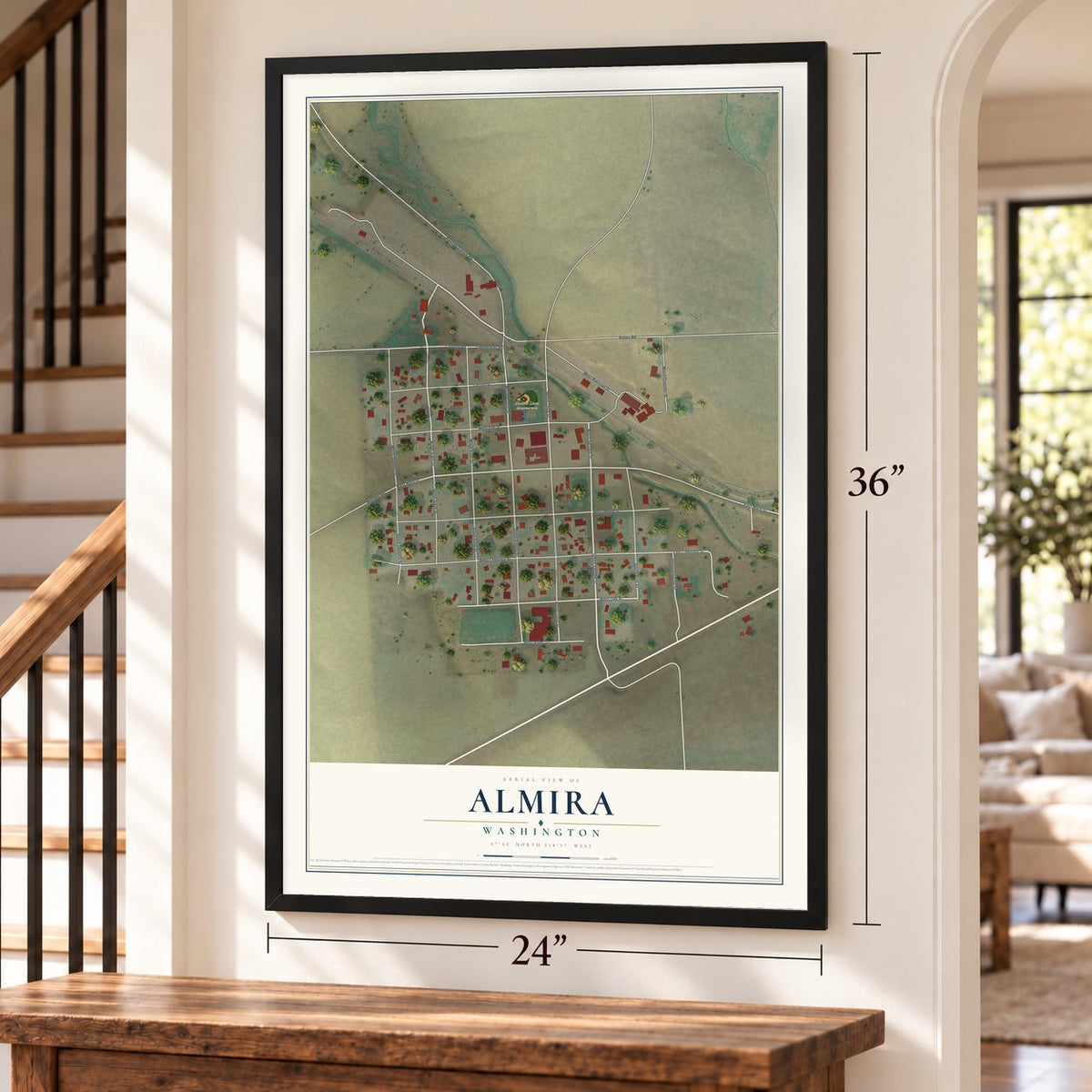 Almira, Washington map, 24 x 36 inch print in a black frame by a staircase