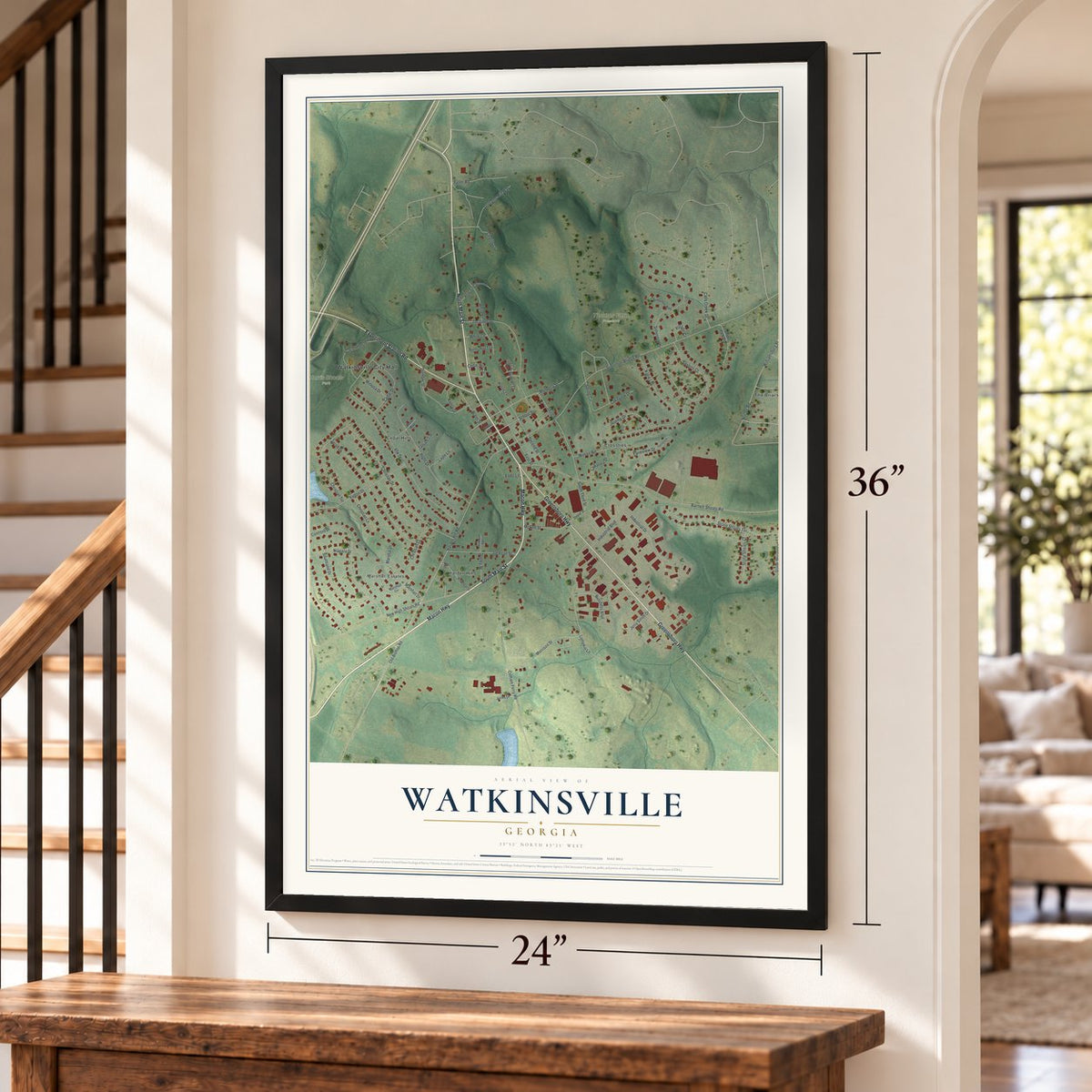 Watkinsville, Georgia map, 24 x 36 inch print in a black frame by a staircase