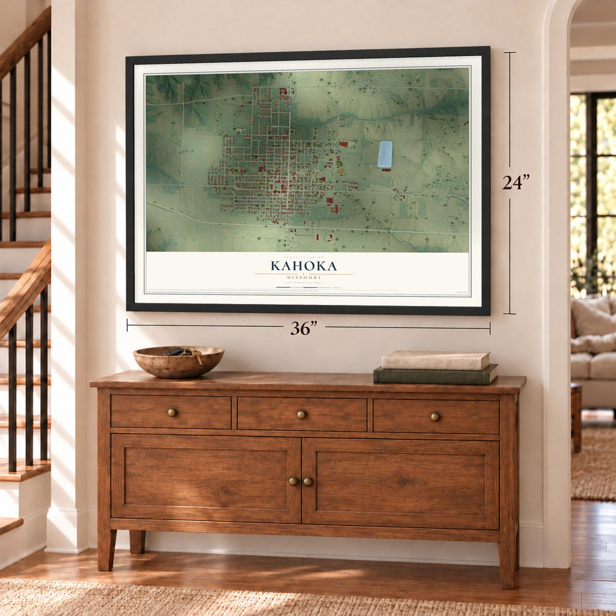 Kahoka, Missouri map, 24 x 36 inch print in a black frame above a dresser by a staircase