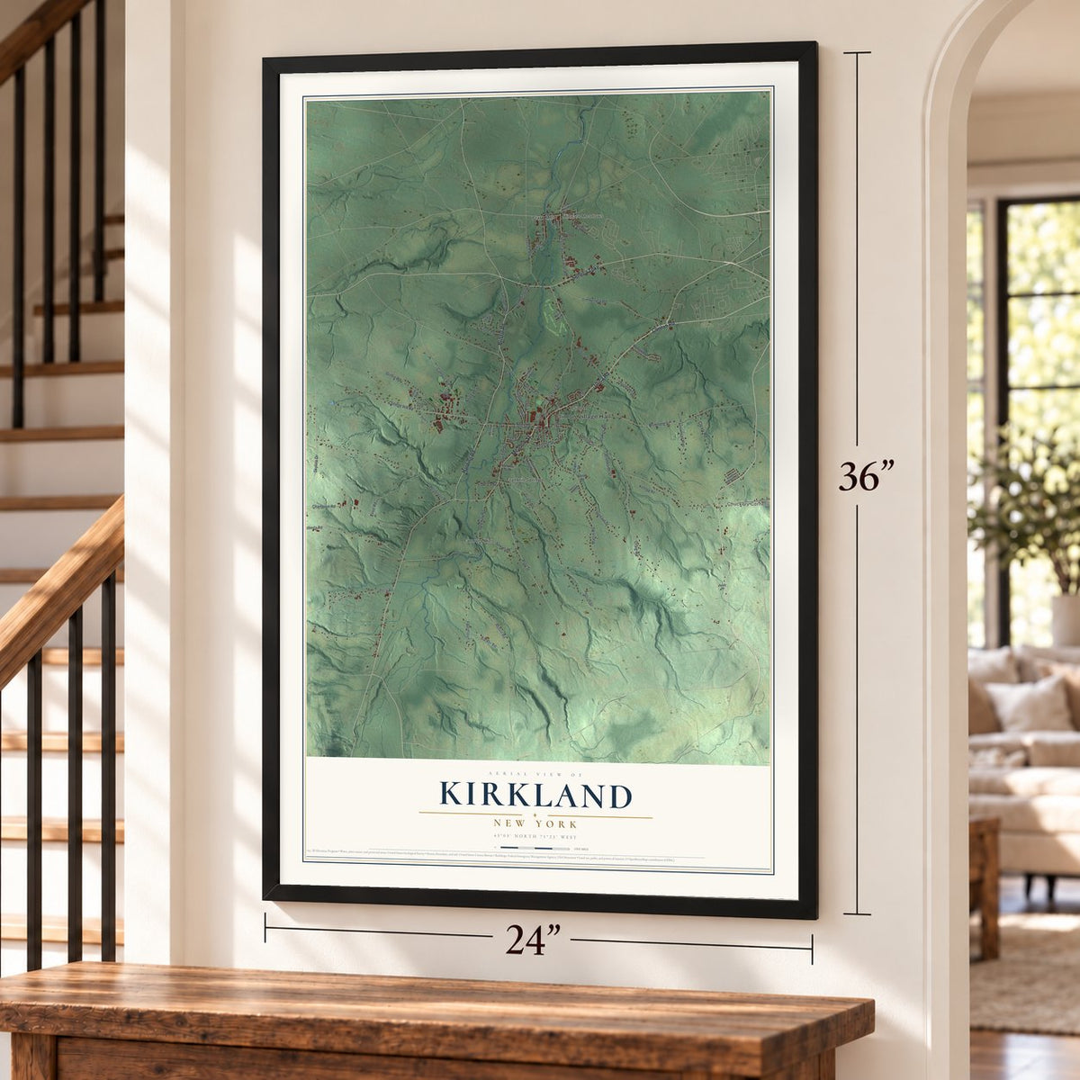 Kirkland, New York map, 24 x 36 inch print in a black frame by a staircase
