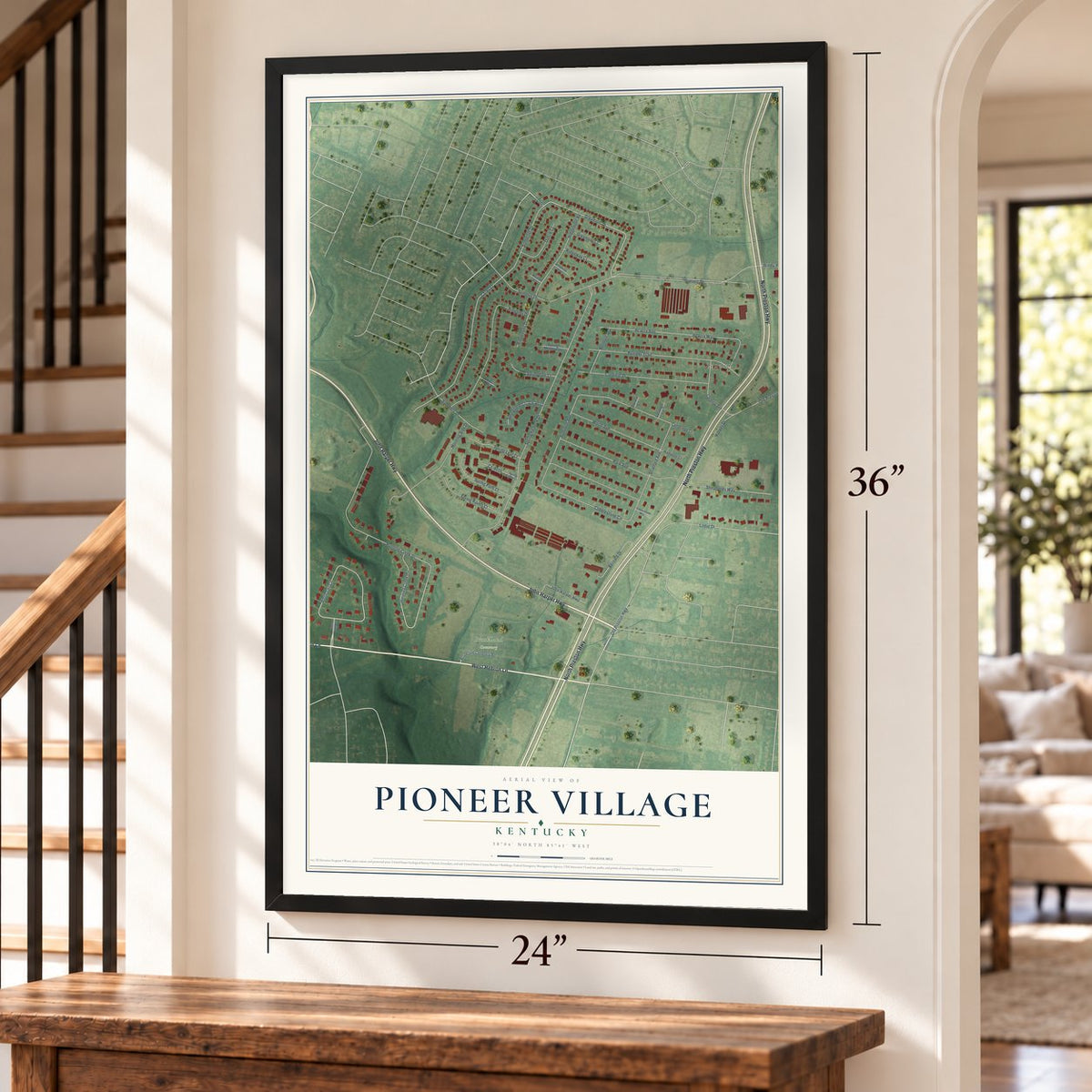 Pioneer Village, Kentucky map, 24 x 36 inch print in a black frame by a staircase
