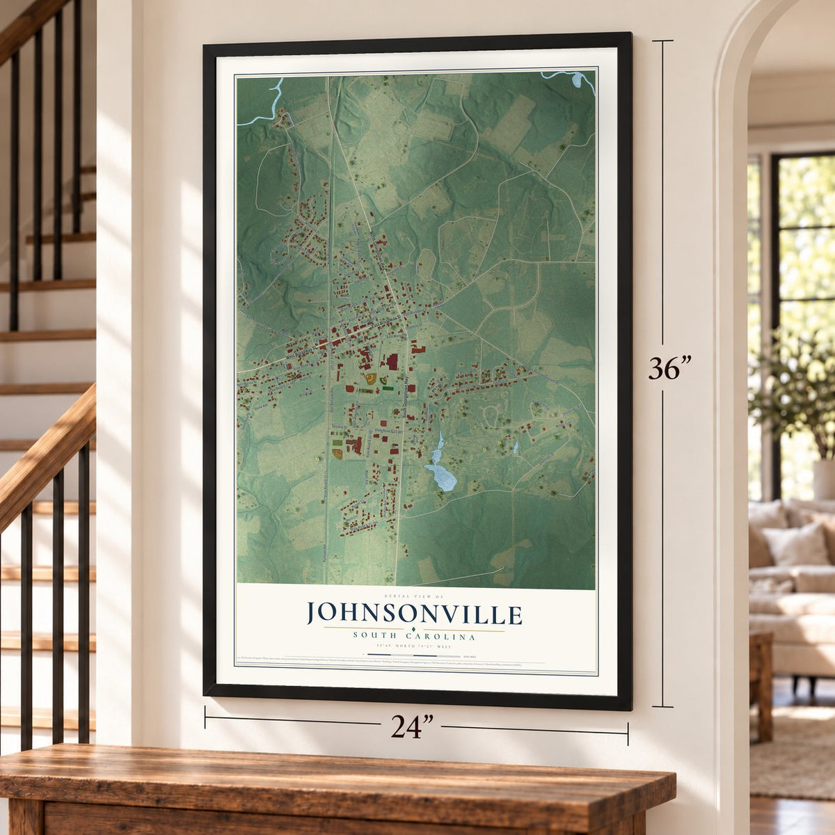 Johnsonville, South Carolina map, 24 x 36 inch print in a black frame by a staircase