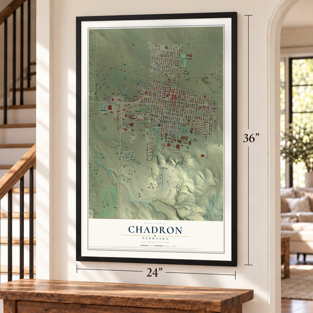 Chadron, Nebraska map, 24 x 36 inch print in a black frame by a staircase