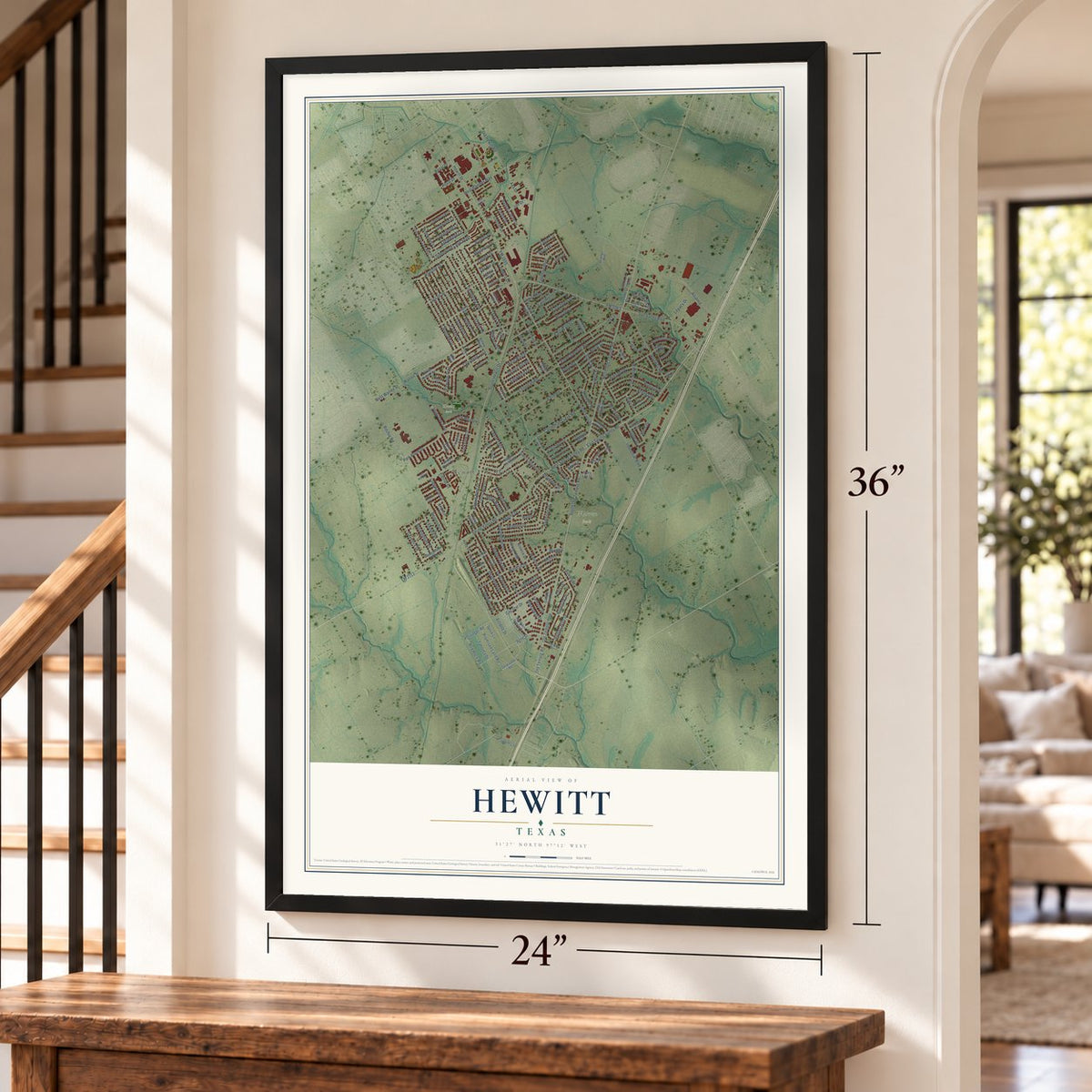 Hewitt, Texas map, 24 x 36 inch print in a black frame by a staircase