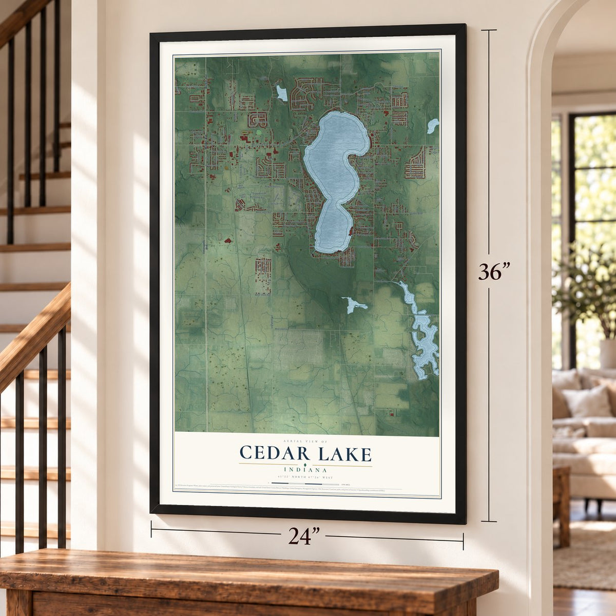 Cedar Lake, Indiana map, 24 x 36 inch print in a black frame by a staircase