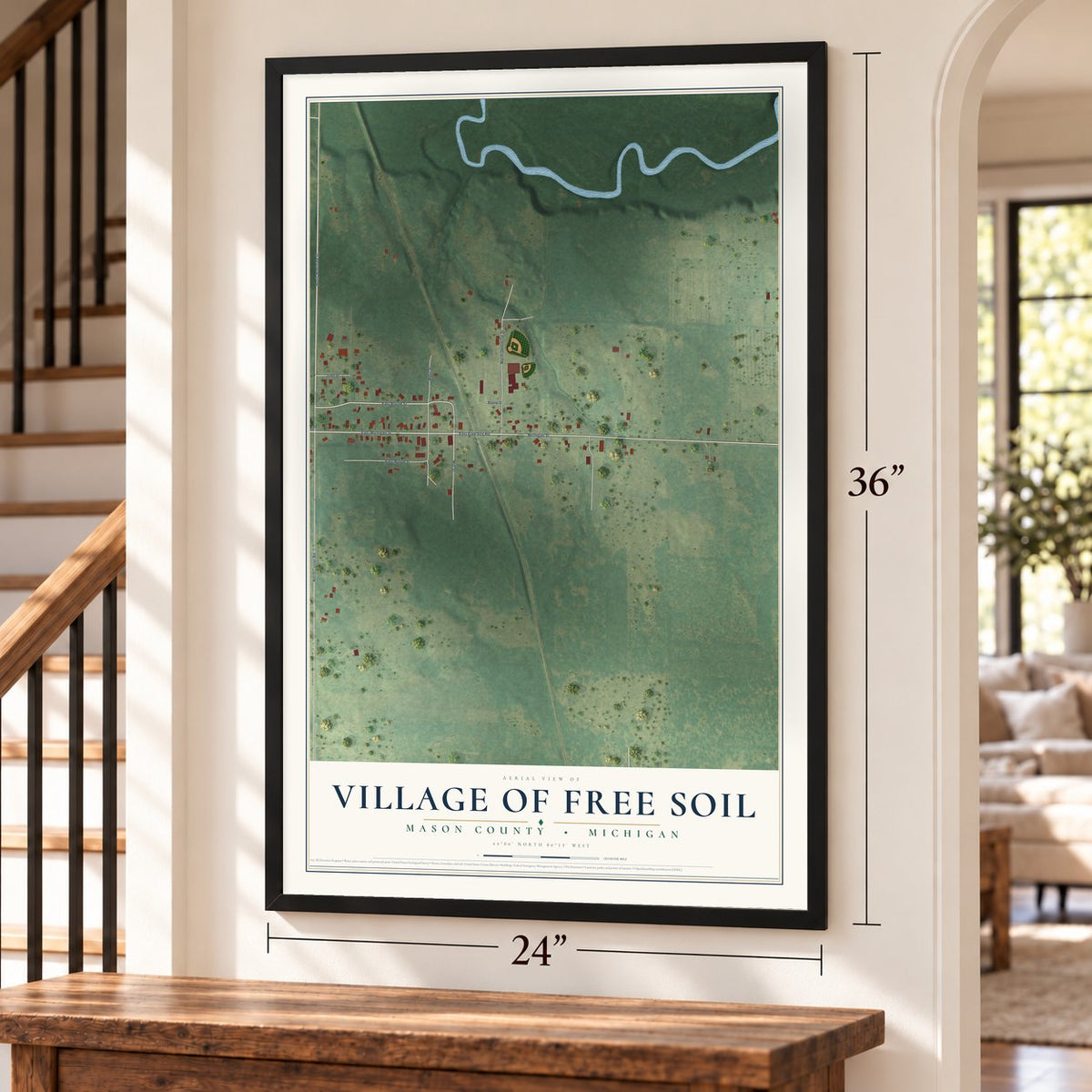 Free Soil, Michigan map, 24 x 36 inch print in a black frame by a staircase