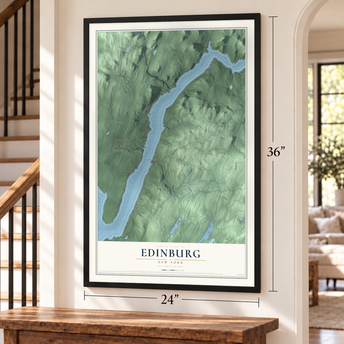 Edinburg, New York map, 24 x 36 inch print in a black frame by a staircase