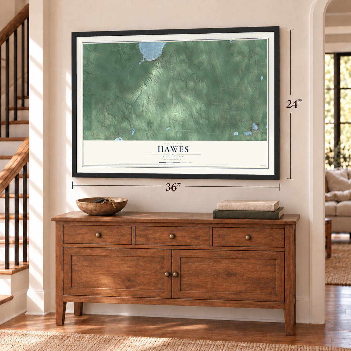 Hawes, Michigan map, 24 x 36 inch print in a black frame above a dresser by a staircase