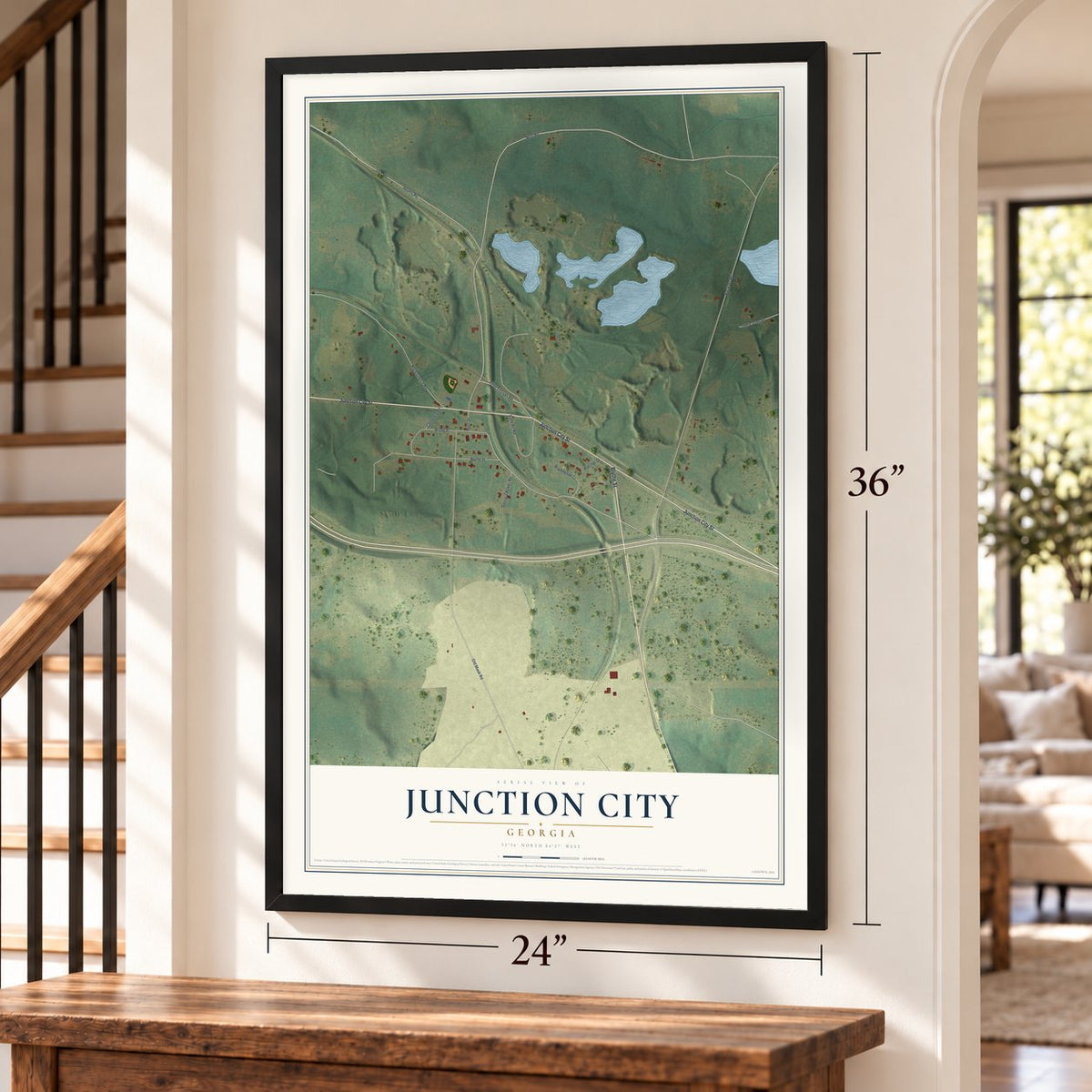 Junction City, Georgia map, 24 x 36 inch print in a black frame by a staircase