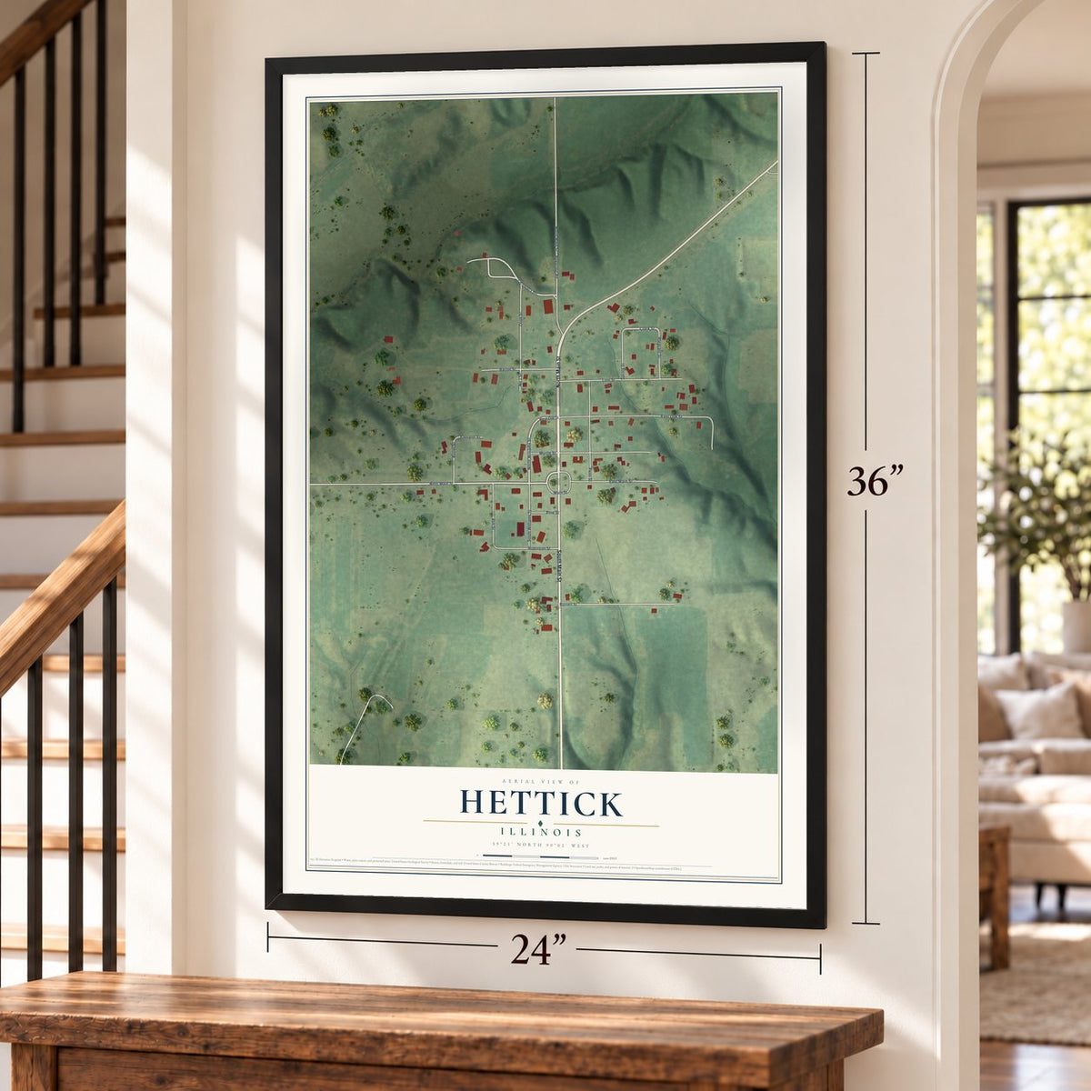 Hettick, Illinois map, 24 x 36 inch print in a black frame by a staircase