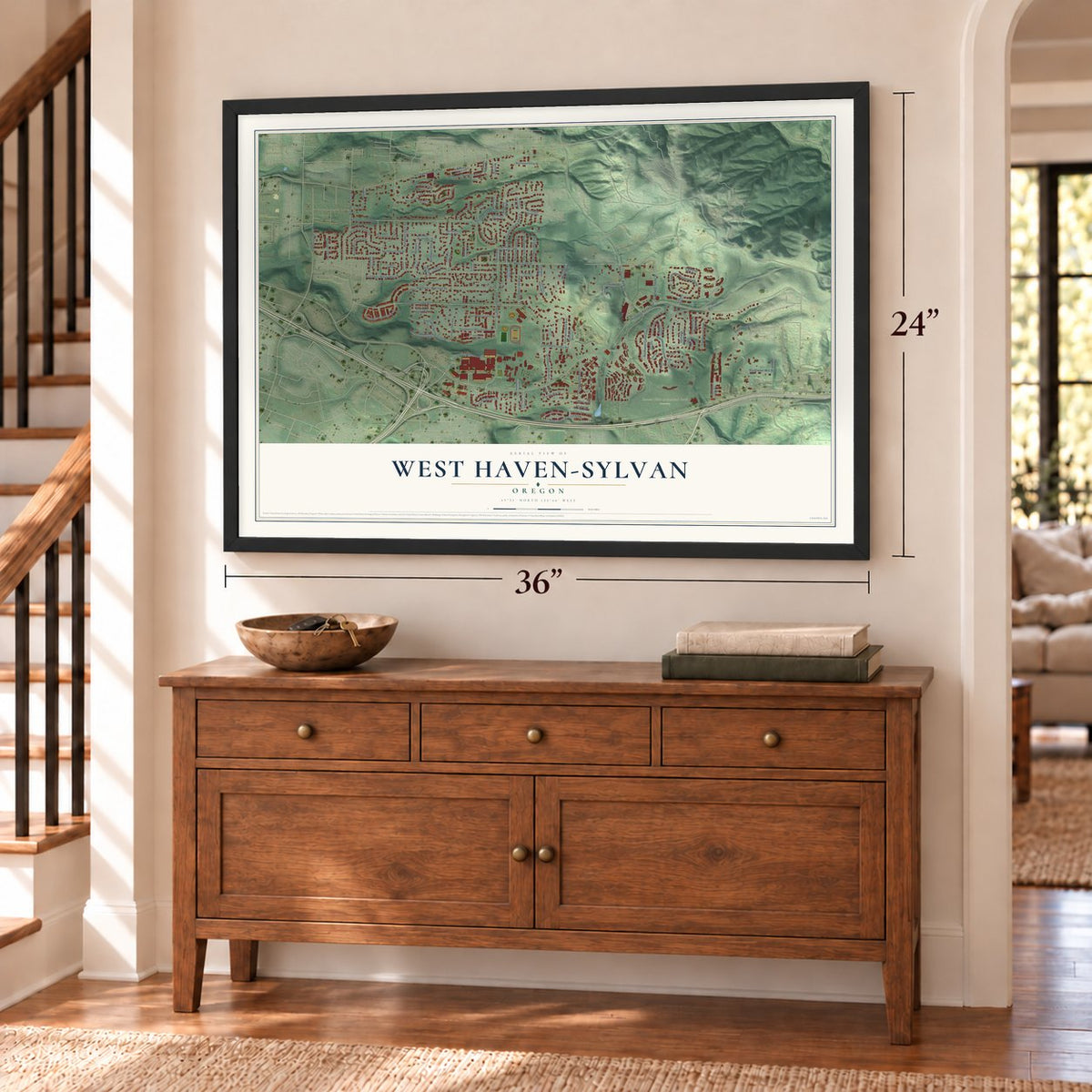 West Haven-Sylvan, Oregon map, 24 x 36 inch print in a black frame above a dresser by a staircase